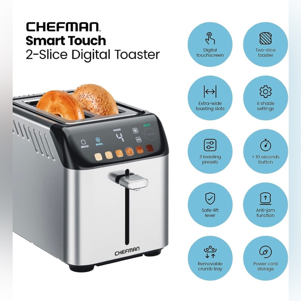 Details
 Chefman
Color Smart Touch Digital 2 Slice Toaster. 
Brand New.